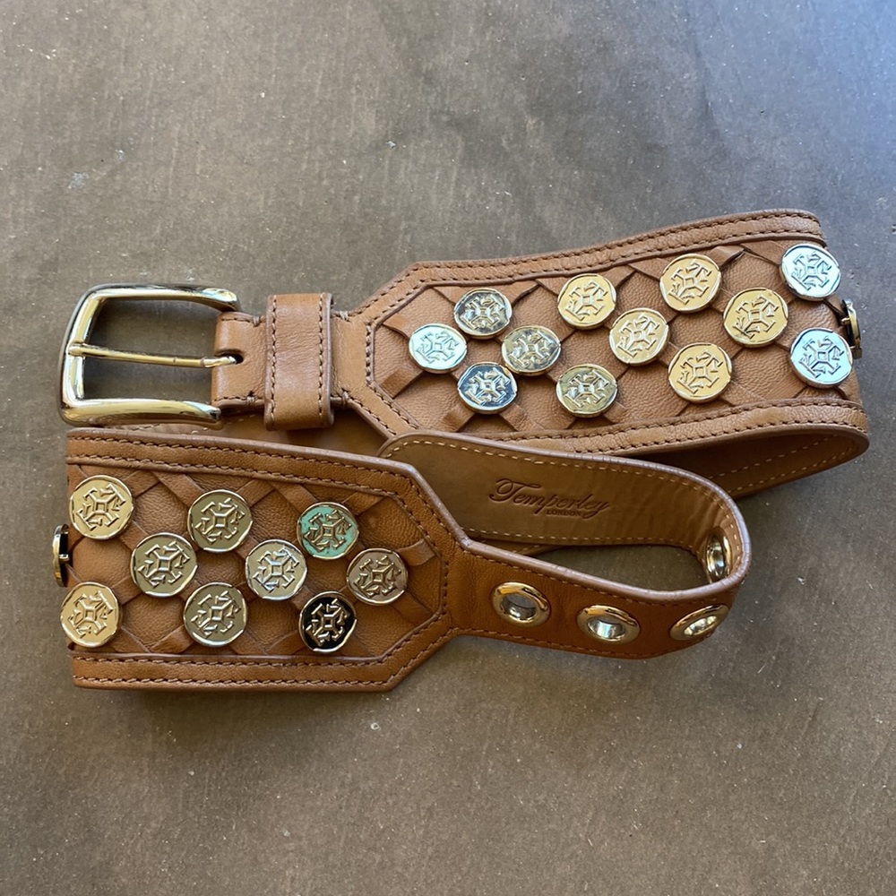 Temperley London Brown Leather Studded Belt with Gold & Silver Medallions